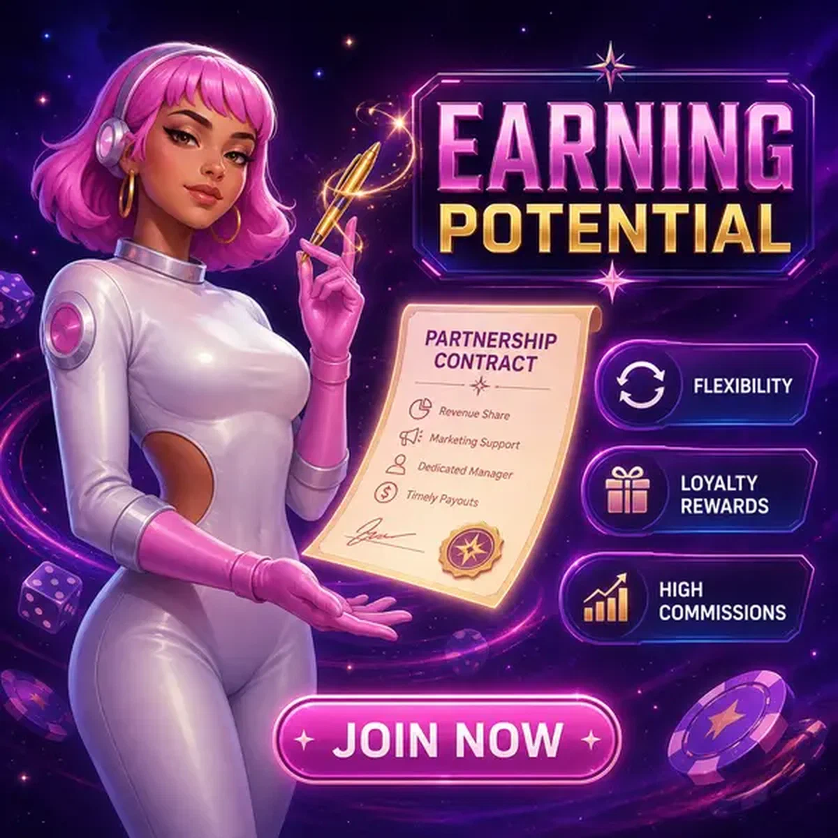 The Dice Navigator presents affiliate partnership contract with golden pen in cosmic casino setting