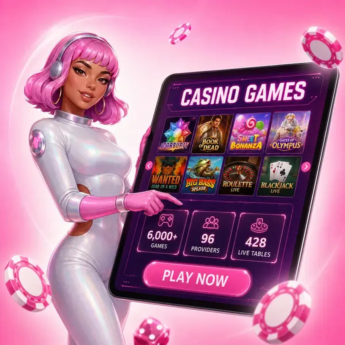 Woman in space suit presenting game variety at Spinwinera Casino Games tablet display