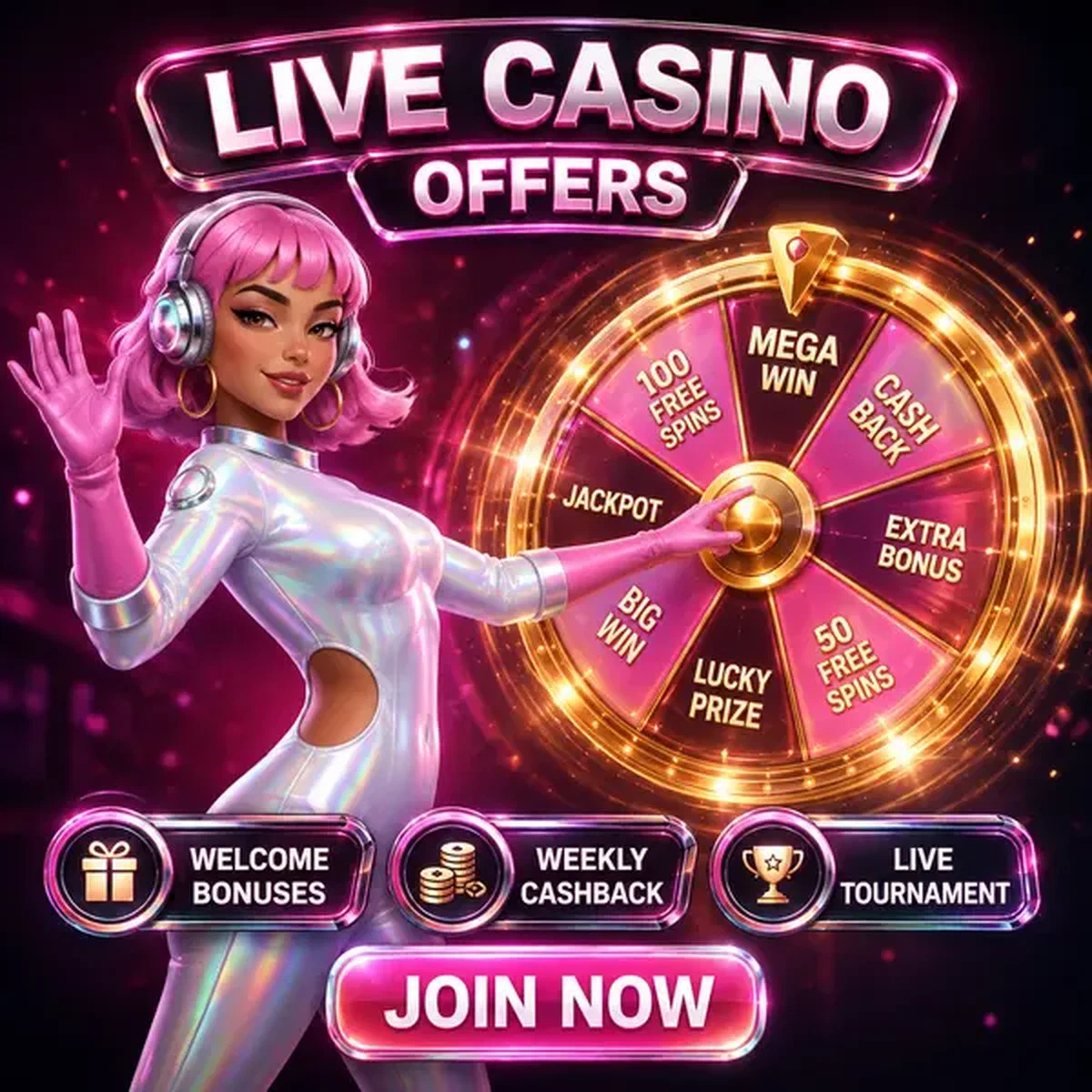 DJ character spinning prize wheel at Spinwinera live casino with golden sparks flying