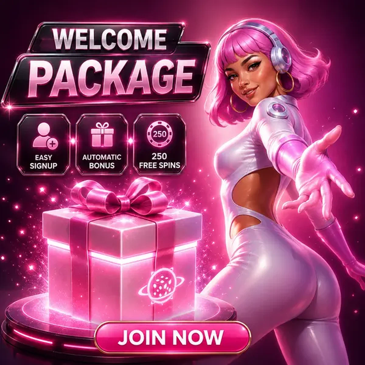 DJ presenting glowing welcome package as player signs up at Spinwinera Casino