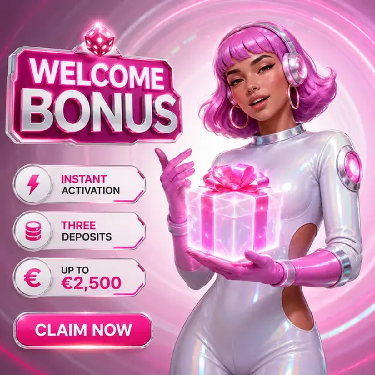 Woman in iridescent spacesuit presenting welcome bonus gift at Spinwinera Casino login portal