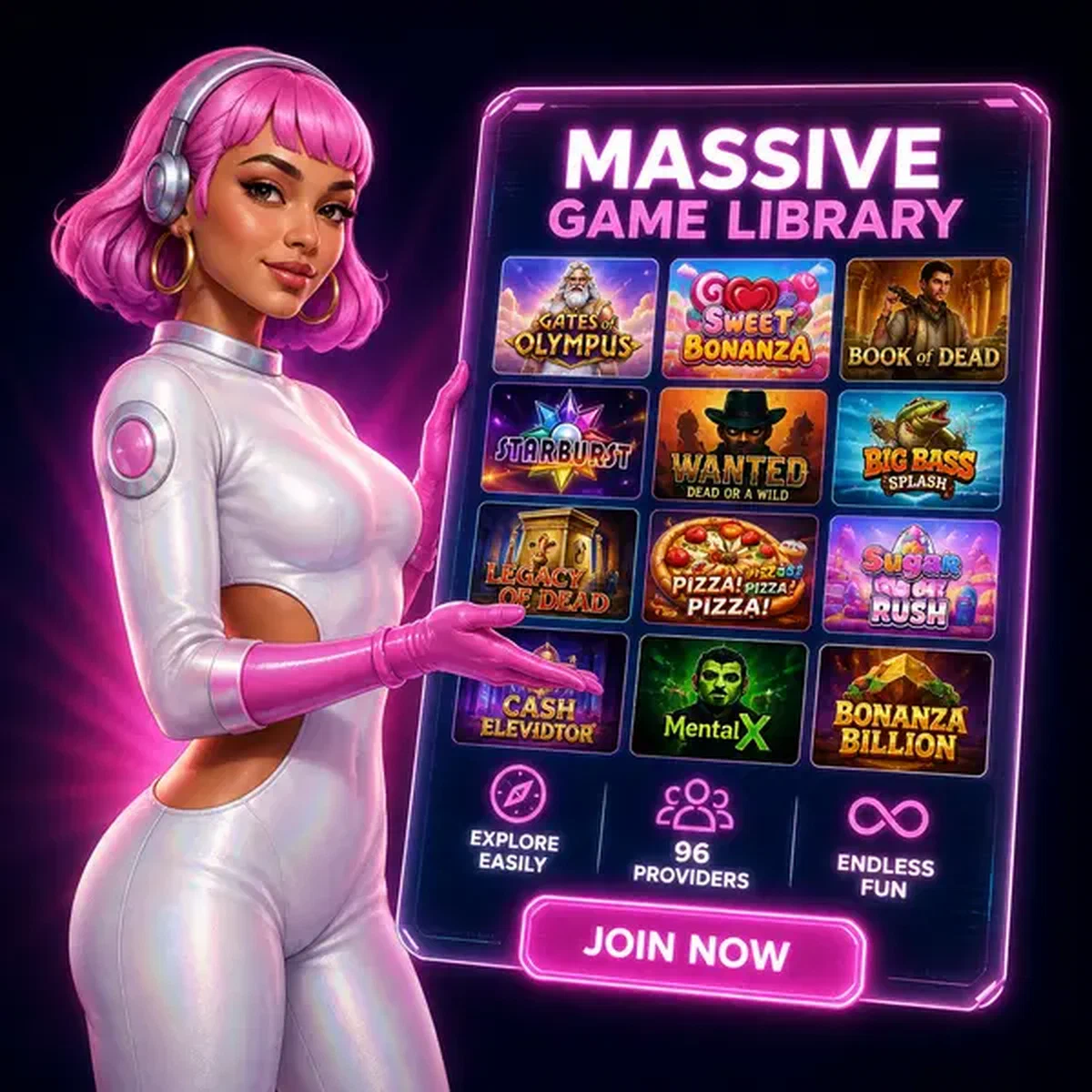 Dice Navigator displaying game library on holographic tablet at 6,000+ Games Populate Your Lobby Instantly login portal