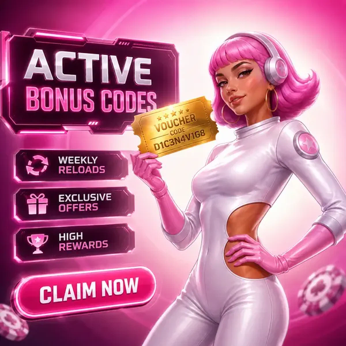 DJ-style woman presents golden voucher ticket for Spinwinera bonus codes and exclusive offers