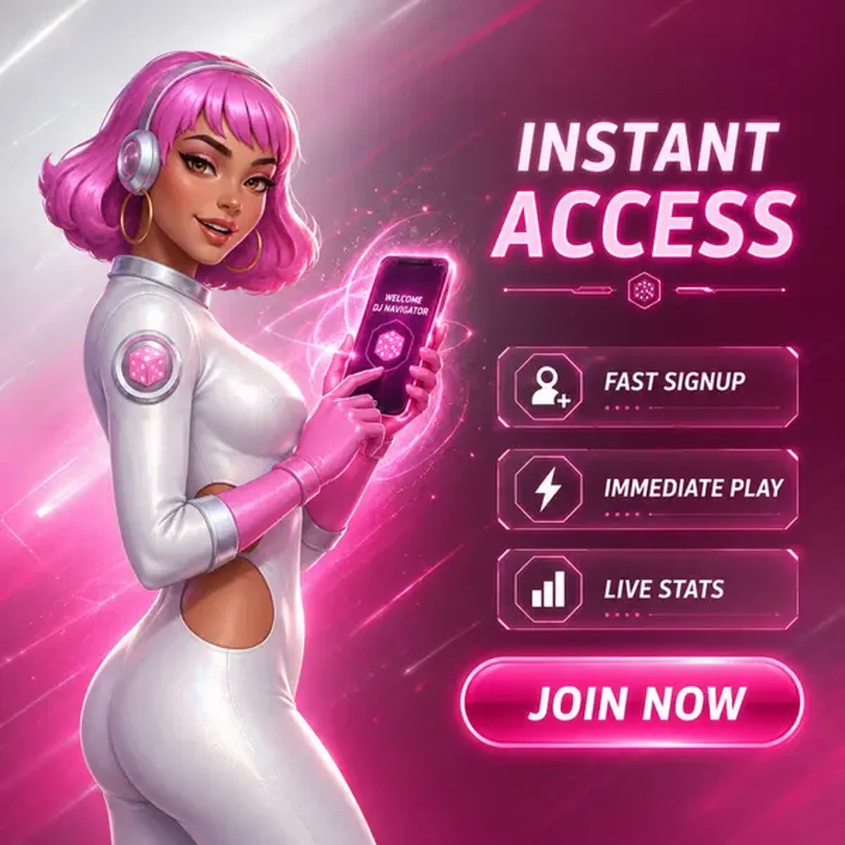 Player signing up at Instant Casino Access After Signup with glowing smartphone interface