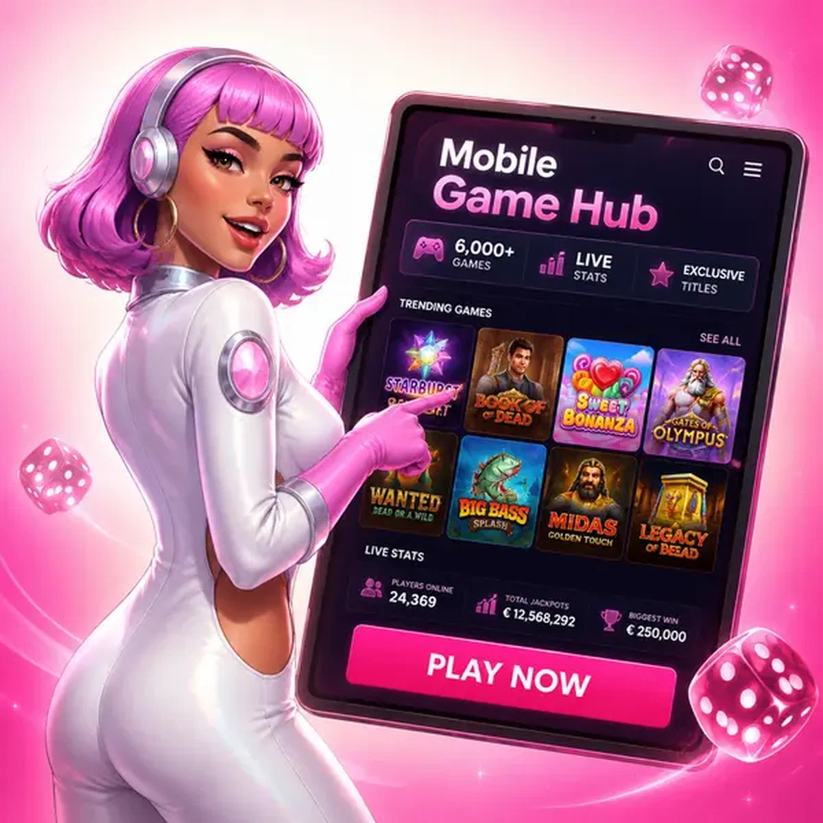 Dice Navigator showcasing mobile app with 6,000+ games in orbital resort lobby