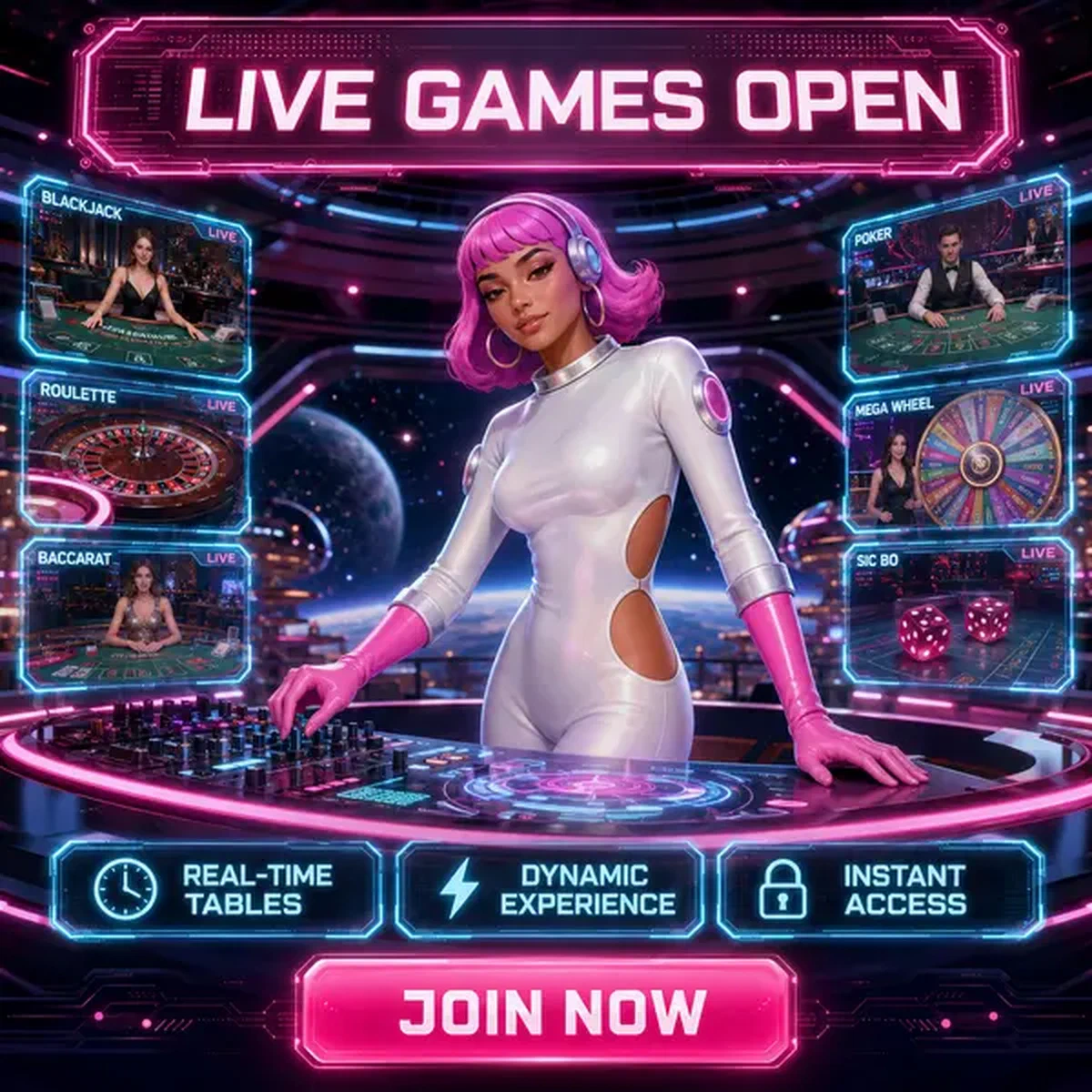 The Dice Navigator adjusting broadcasting console at Spinwinera live casino with holographic displays